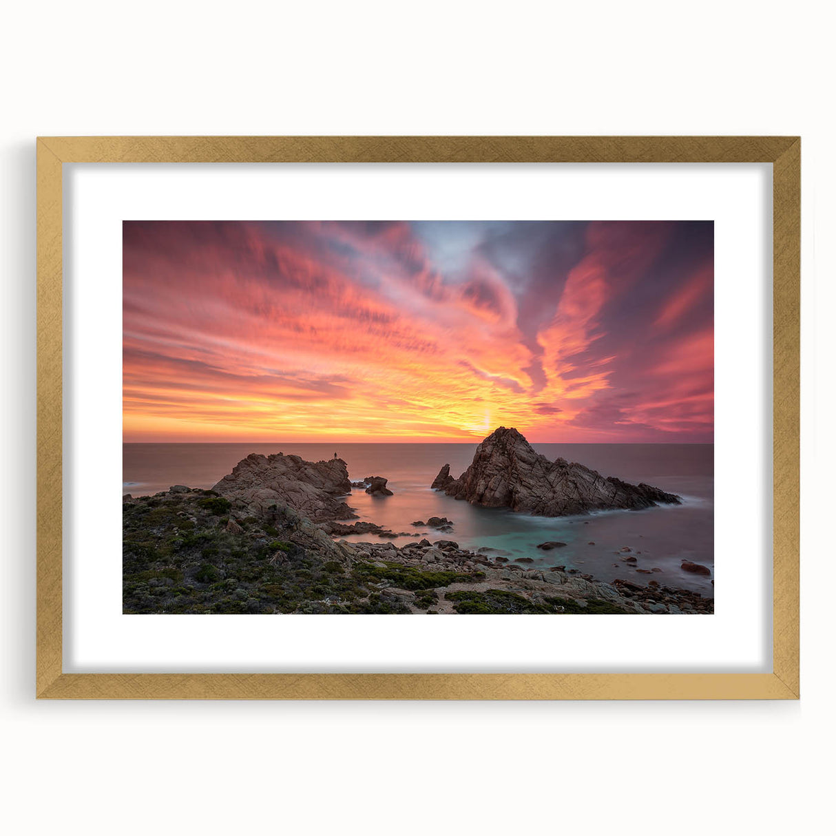 Textured abstract art print of Perth scenery in muted gold and blue tones, framed with a mat, ideal for bedroom art.