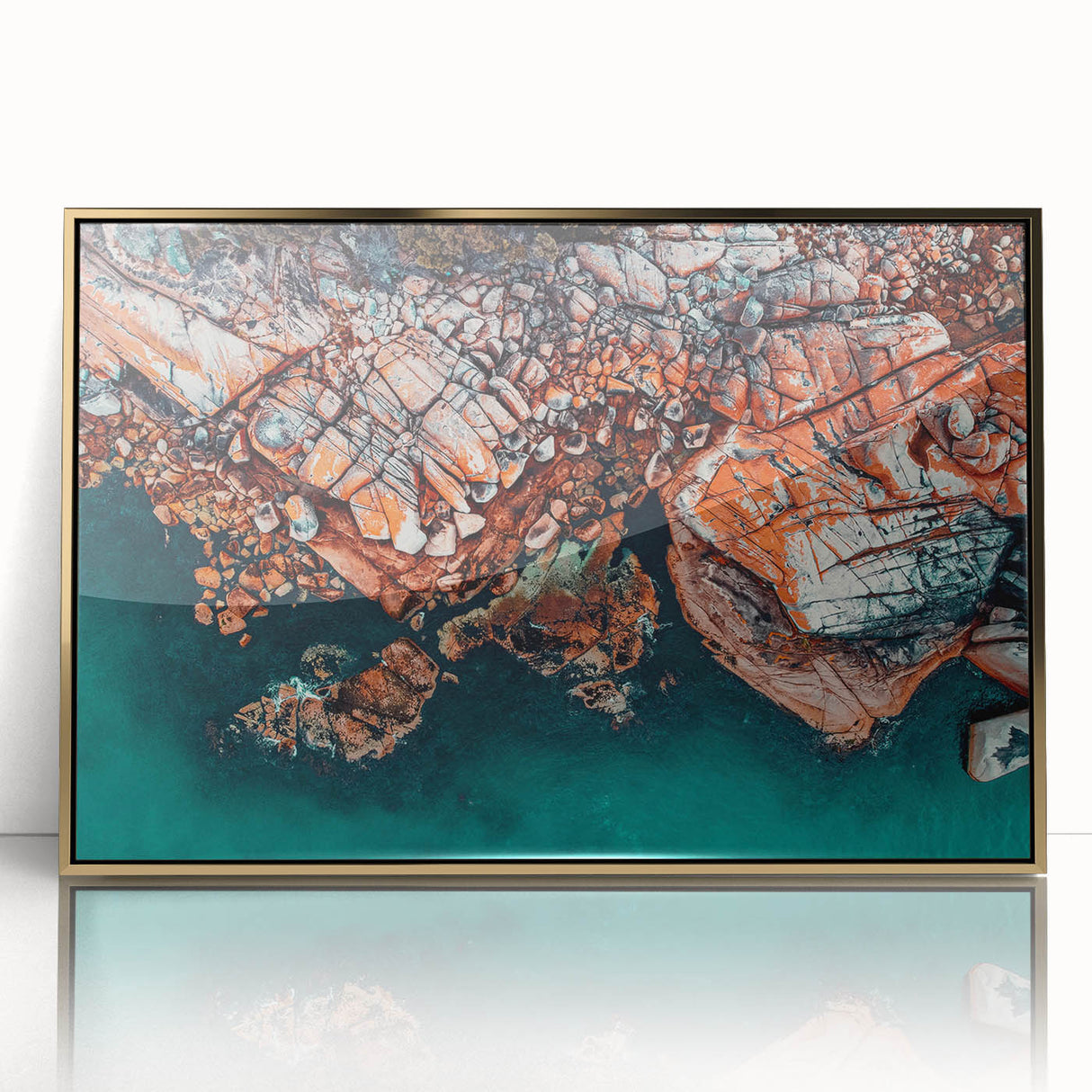 Art deco poster of Tasmania scenery in gold frame, acrylic print, ideal for modern art wall decor.