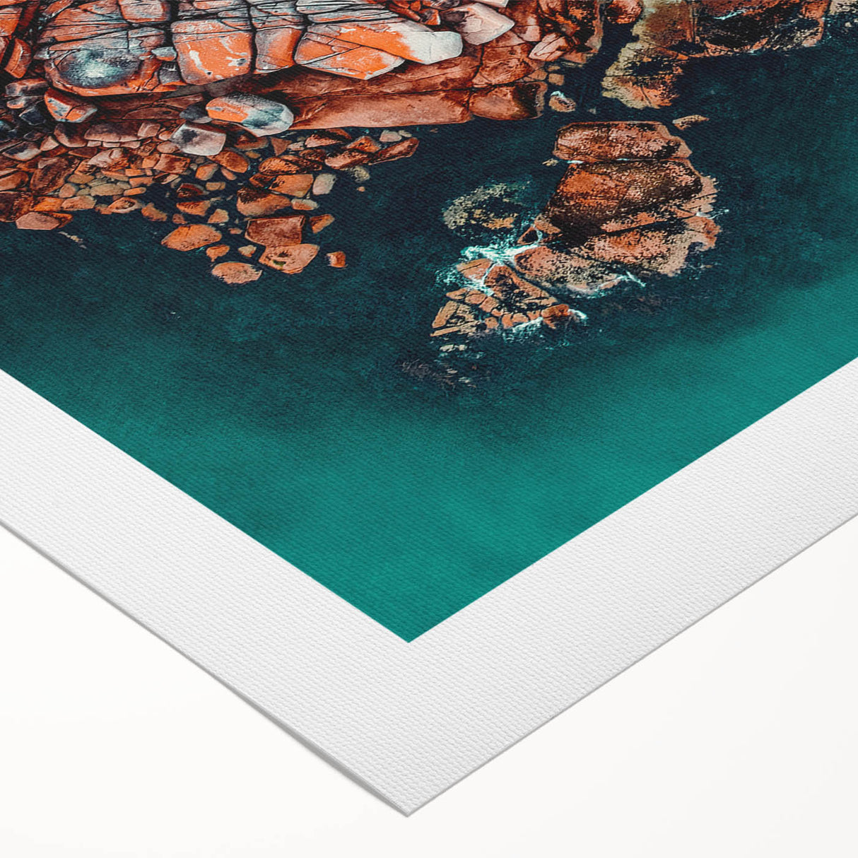 Art deco poster of Tasmania landscape in soft green and blue hues on rolled canvas, suitable for dining room wall art.