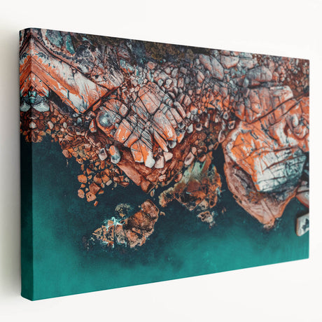 Large stretched canvas depicting a serene Tasmanian landscape in soft green and blue tones, suitable for kitchen wall art.