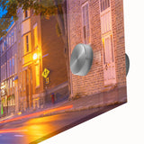 Large abstract wall art of Quebec scenery in muted blue and green tones on acrylic glass, ideal for dining room ambiance.