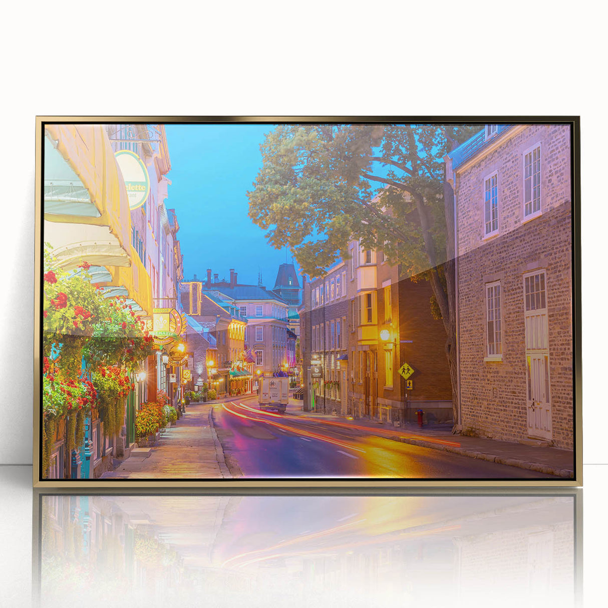 Large art print of Quebec scenery in gold frame, acrylic, mid-century modernist style, ideal for nursery wall decor.