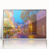 Acrylic print of Quebec scenery with muted pastels, framed in white, ideal for modern art wall decor in a nursery.