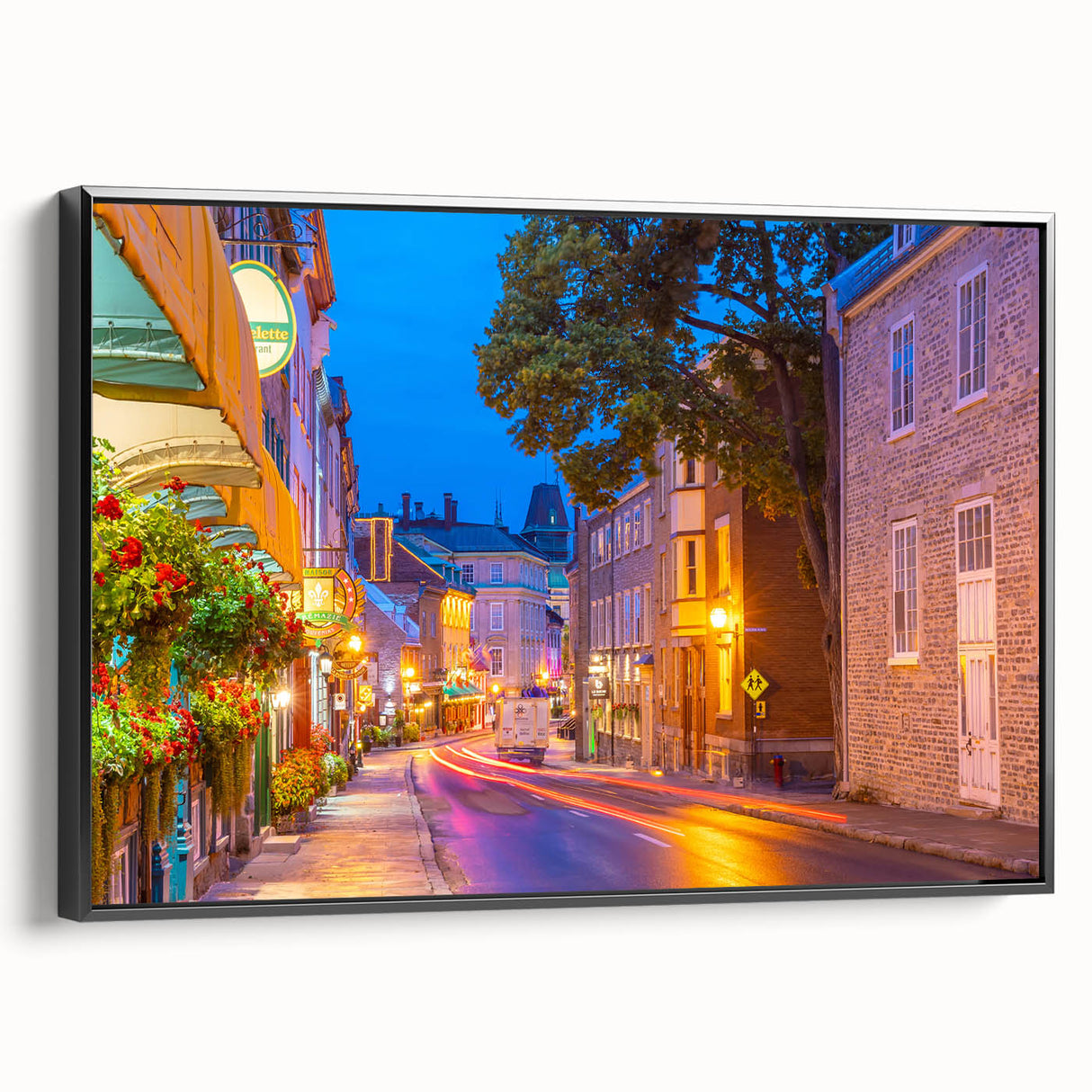 Black and white framed canvas depicting a vintage-style Quebec landscape, ideal for bedroom wall decor.