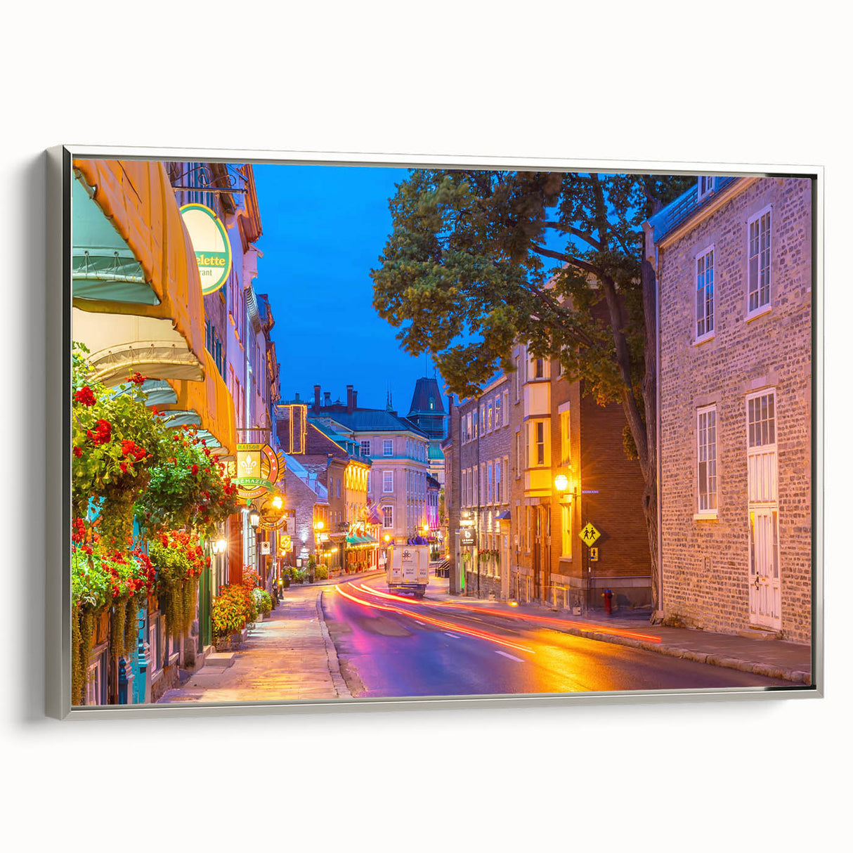 Framed canvas of a vintage-style landscape painting featuring a colorful Quebec scenery.