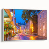 Vintage poster art of Quebec scenery on extra large framed canvas, featuring colorful art on black background.
