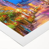 Art deco poster of Quebec scenery in muted blue and green tones on rolled canvas, suitable for dining room wall art.