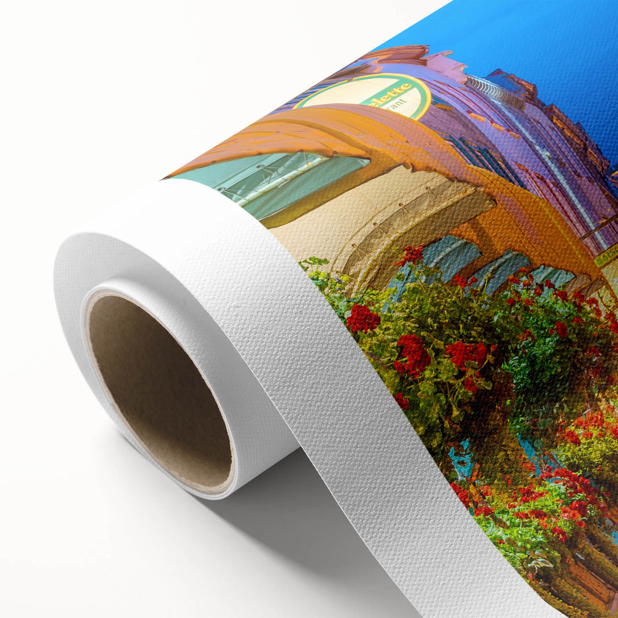 Art deco poster of Quebec scenery in soft pastel shades on rolled canvas, ideal for nursery wall art.