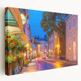 Scenic Quebec landscape on large stretched canvas, featuring cool hues of blue and green, suitable for kitchen wall art.