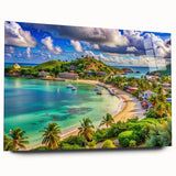 Large abstract wall art depicting Caribbean scenery in vibrant blue and green tones on acrylic glass.