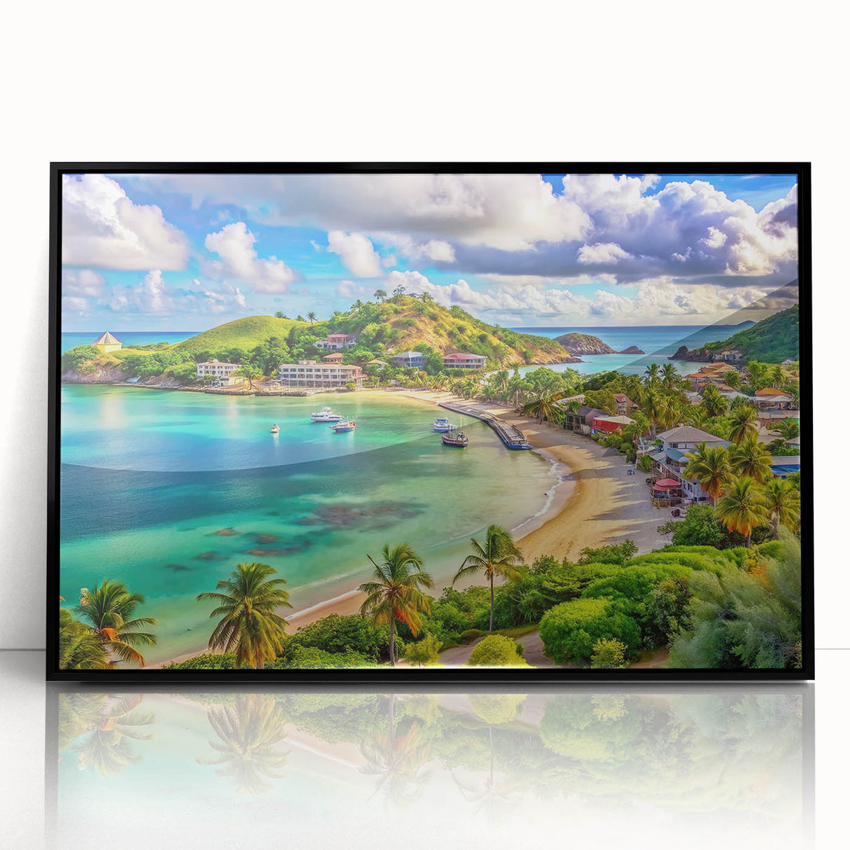 Large abstract wall art depicting a Caribbean scenery in muted blue and green tones on a framed acrylic.