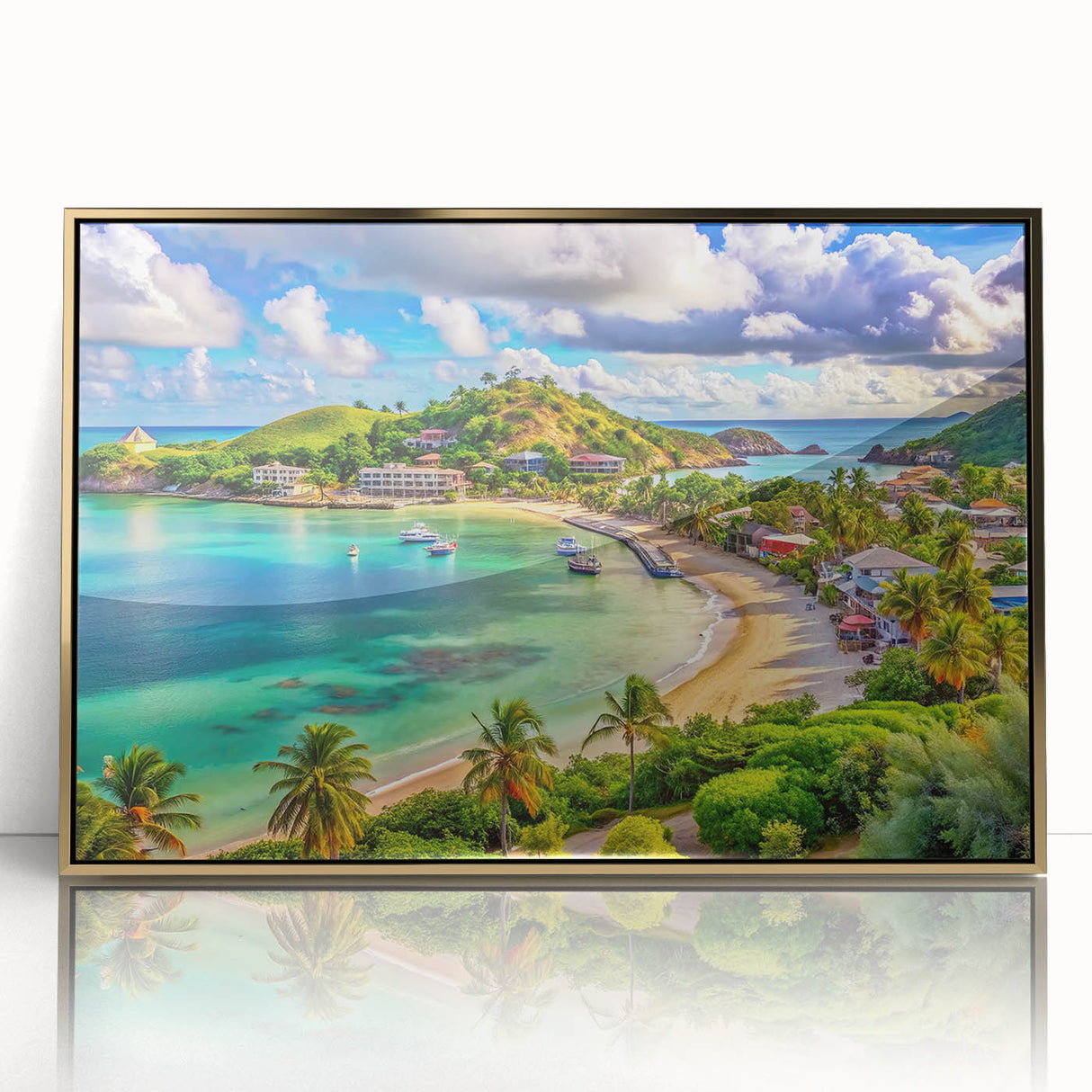 Art deco poster of Caribbean Antigua scenery in vibrant blue and green tones, framed in gold acrylic.