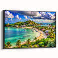 Black and white framed canvas featuring a vintage landscape painting of Antigua, ideal for bedroom wall decor.