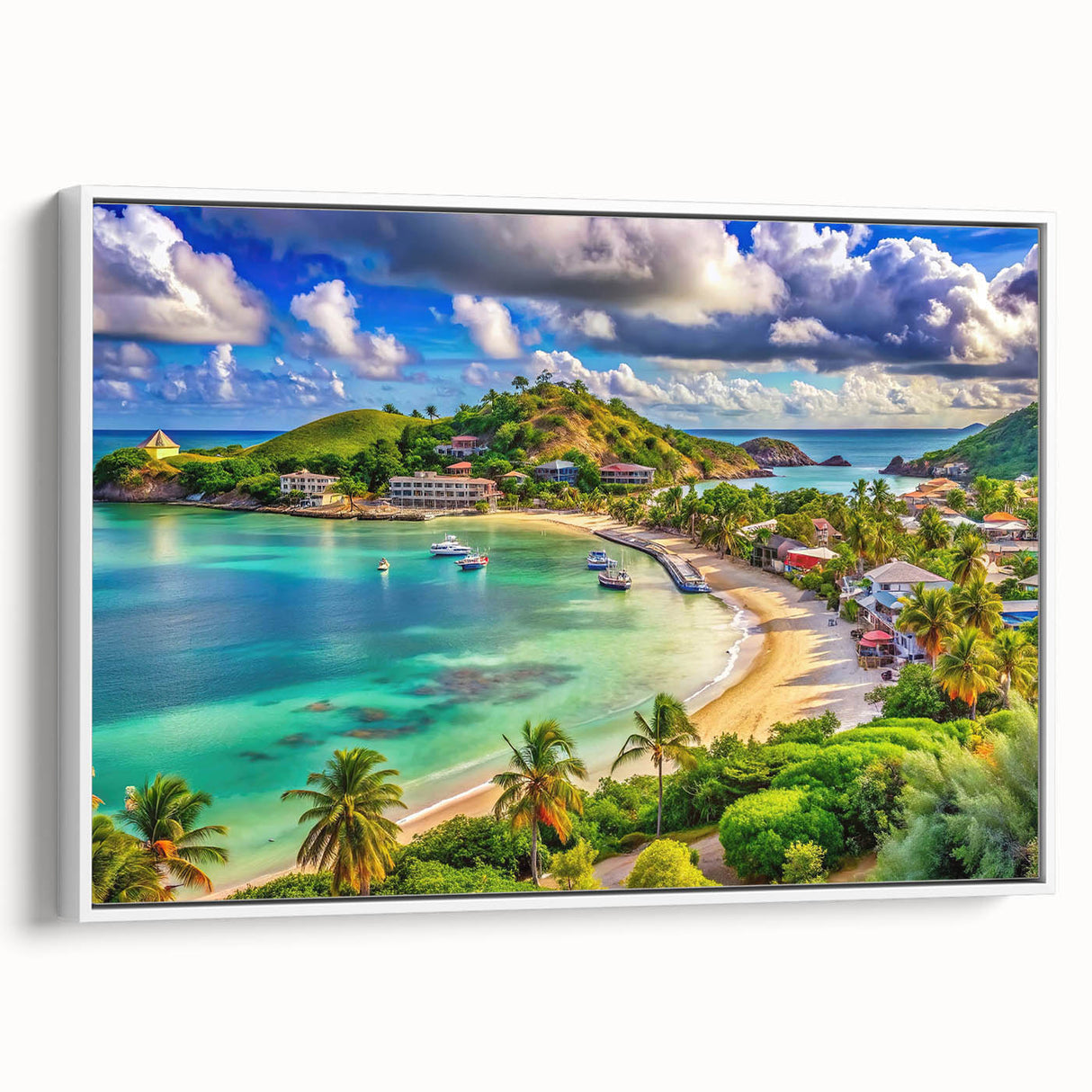 Framed canvas depicting a vintage Caribbean landscape in vibrant colors, ideal for enhancing a living room or study.
