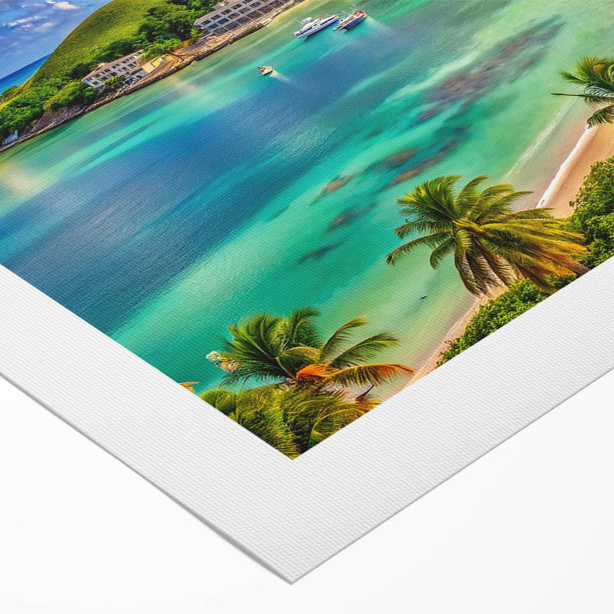 Art deco poster featuring a serene Caribbean beach scene on rolled canvas, ideal for dining room wall art.