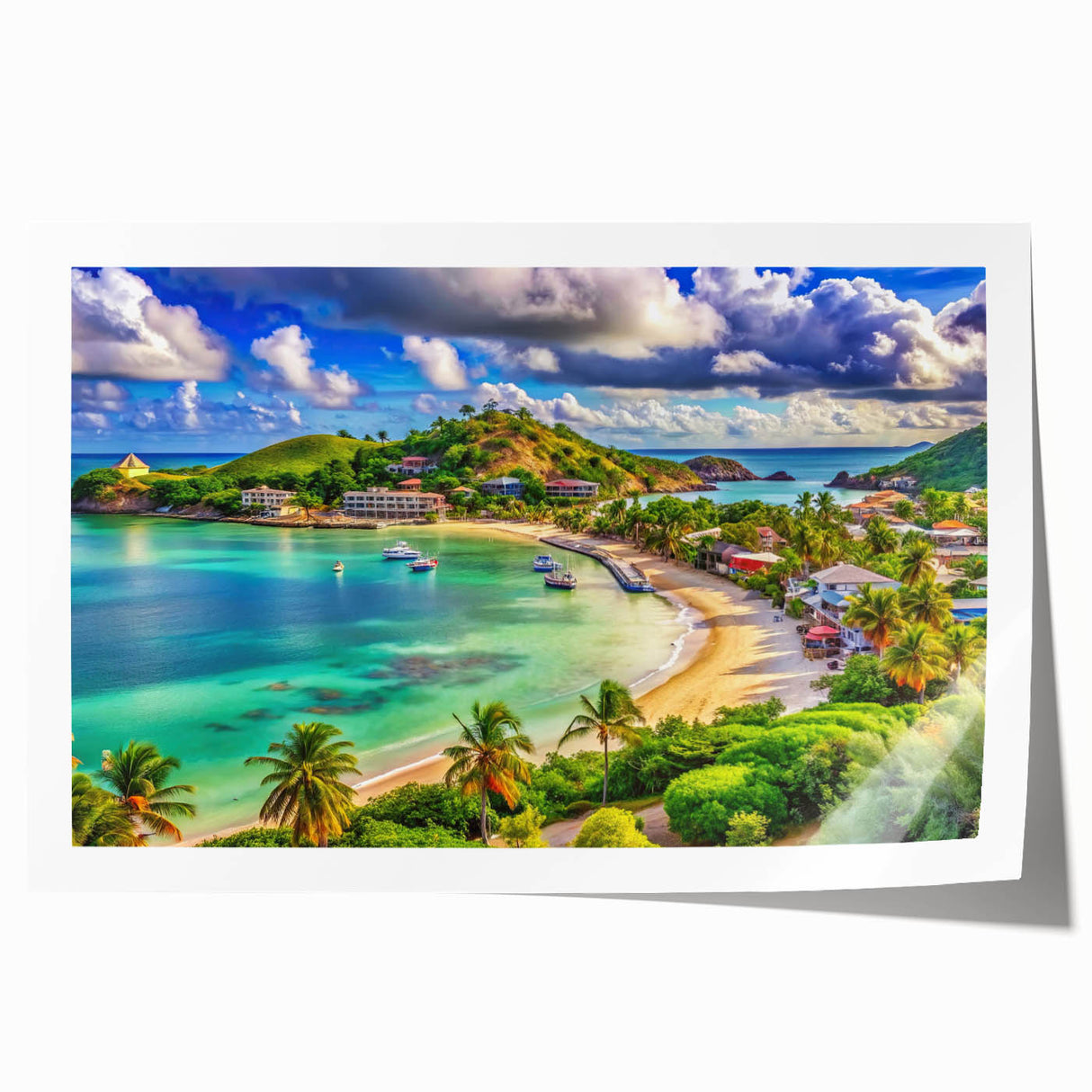 Extra large rolled print of Antigua's coastline with vibrant blue ocean and lush greenery, ideal for art wall dining room.