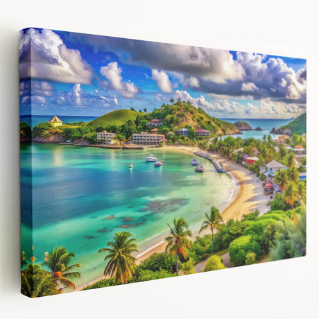 Large canvas print of Caribbean Antigua scenery with vivid blue and green tones, ideal for kitchen wall art.