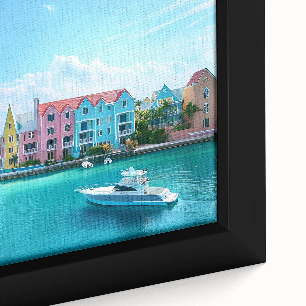 Black wall art depicting a Caribbean scenery on framed canvas, featuring vibrant, colorful textures.