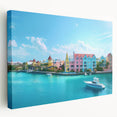 Large art print on stretched canvas depicting a serene Caribbean beach scene, with soft blue and sandy tones.