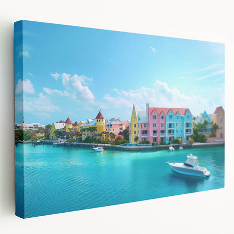 Large art print on stretched canvas depicting a serene Caribbean beach scene, with soft blue and sandy tones.