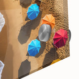 Large abstract wall art of a Caribbean scenery on acrylic glass, with vibrant blues and greens, ideal for dining room decor.