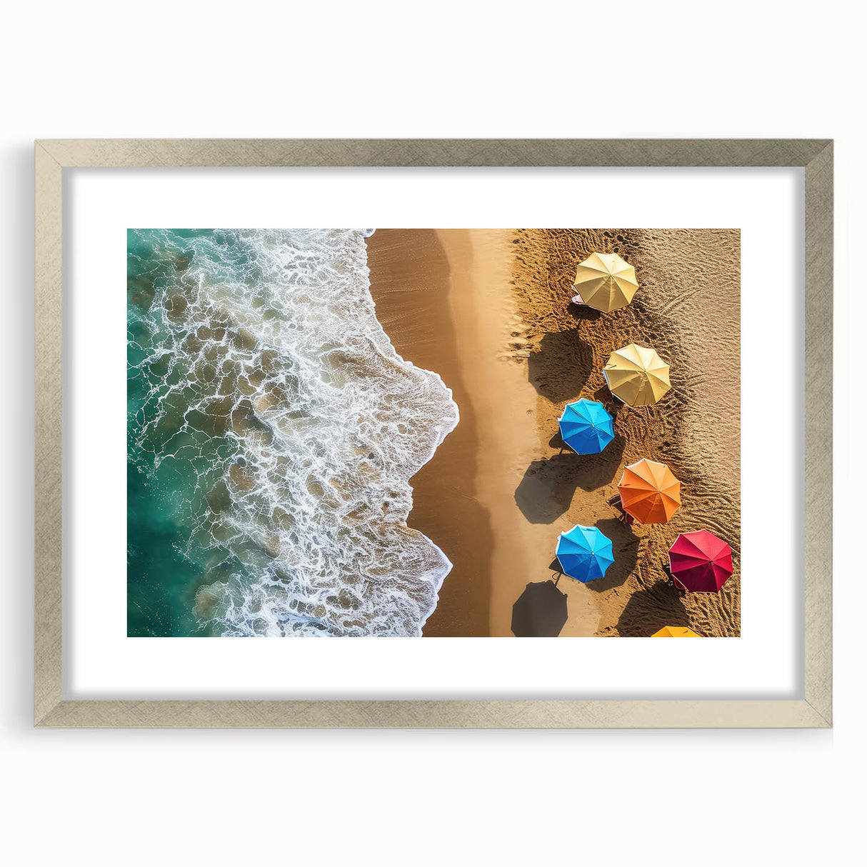 Extra large abstract art print featuring textured Caribbean scenery in muted blues and greens, framed in silver.