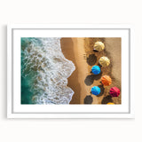 Textured abstract art print depicting Caribbean scenery in vibrant blues and greens, framed with a white mat.