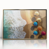 Mid-century modernist art of a Caribbean scene in gold-accented acrylic frame, suitable for nursery wall art.
