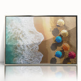 Art deco poster of a Caribbean scenery in muted blue and green tones on framed acrylic, ideal for modern art wall decor.