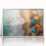 Large art print of a Caribbean beach scene in muted blues and whites on a framed acrylic, ideal for modern art wall decor.