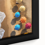 Black wall art featuring a textured, colorful Caribbean scenery on a framed canvas, ideal for living room decor.
