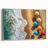 Framed canvas depicting a vintage-style Caribbean landscape in muted blues and greens, ideal for bedroom wall art.