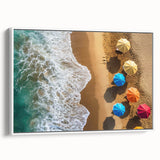 Framed canvas featuring a colorful Caribbean landscape with a vintage poster style, ideal for brightening a living room.