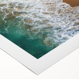 Art Deco poster of a Caribbean beach scene on rolled canvas, featuring vibrant blue and sandy hues.