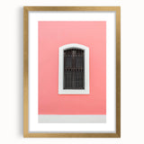 Abstract art print of a Caribbean scenery in muted blue and green tones on a framed gold mat, ideal for dining room decor.