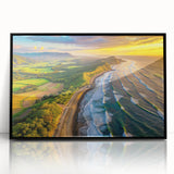 Large abstract wall art depicting a vibrant Central American landscape in acrylic, framed in black.