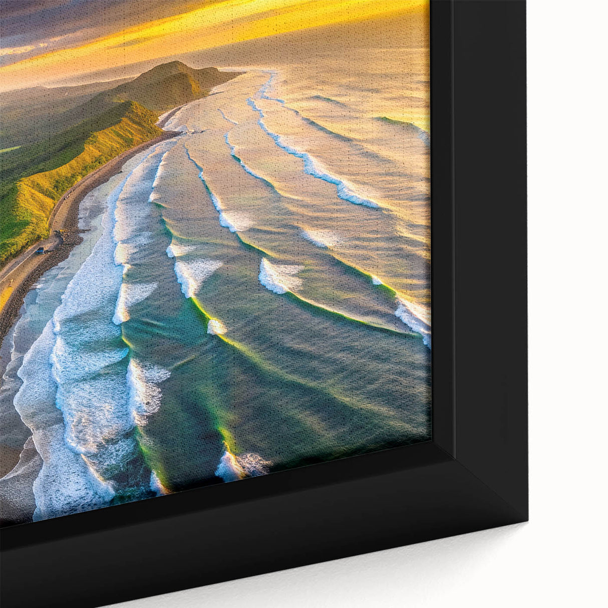 Extra large framed canvas featuring a textured depiction of a Central American scenery in black with colorful art accents.