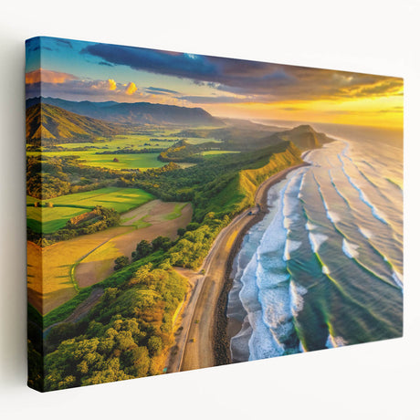 El Salvador landscape on large stretched canvas with lush green and blue tones, suitable for kitchen wall art.