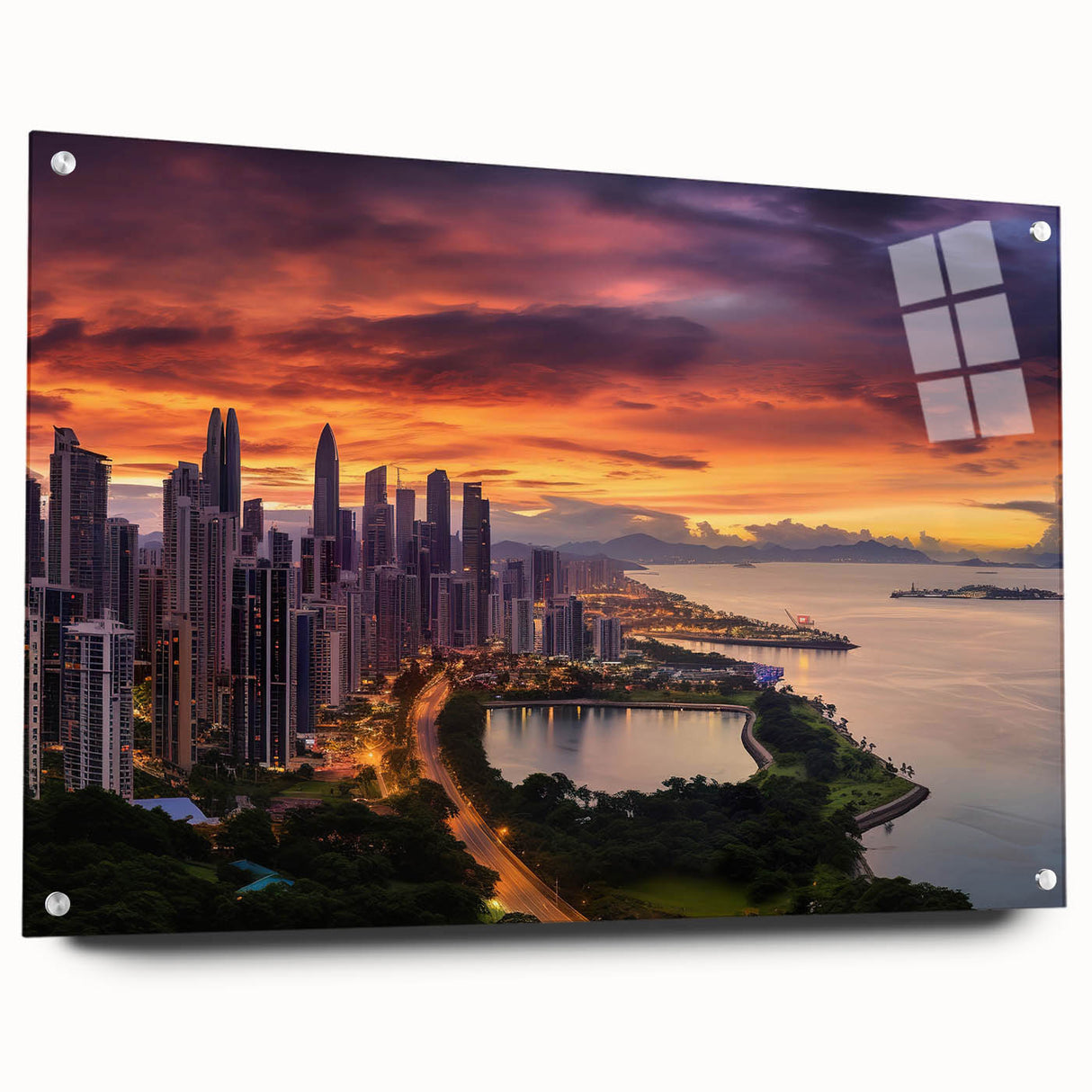 Acrylic glass print of a large abstract depiction of a Central American scenery in vibrant hues.