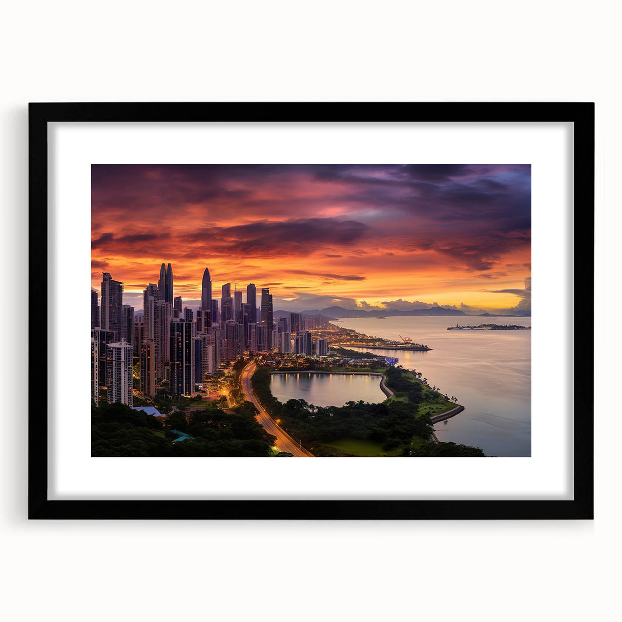 Vintage poster art of Central America landscape in muted earth tones, framed in black, ideal for bedroom wall decor.