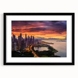 Vintage poster art of Central America landscape in muted earth tones, framed in black, ideal for bedroom wall decor.