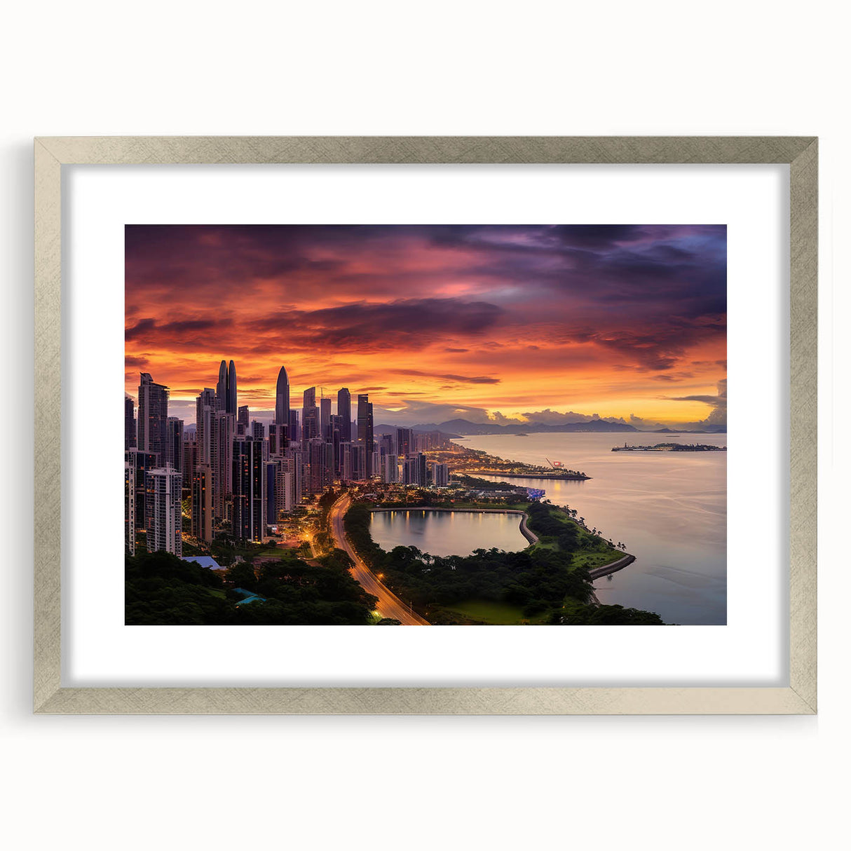 Textured abstract art print of Central America scenery in muted earth tones, framed in silver, ideal for bedroom art.