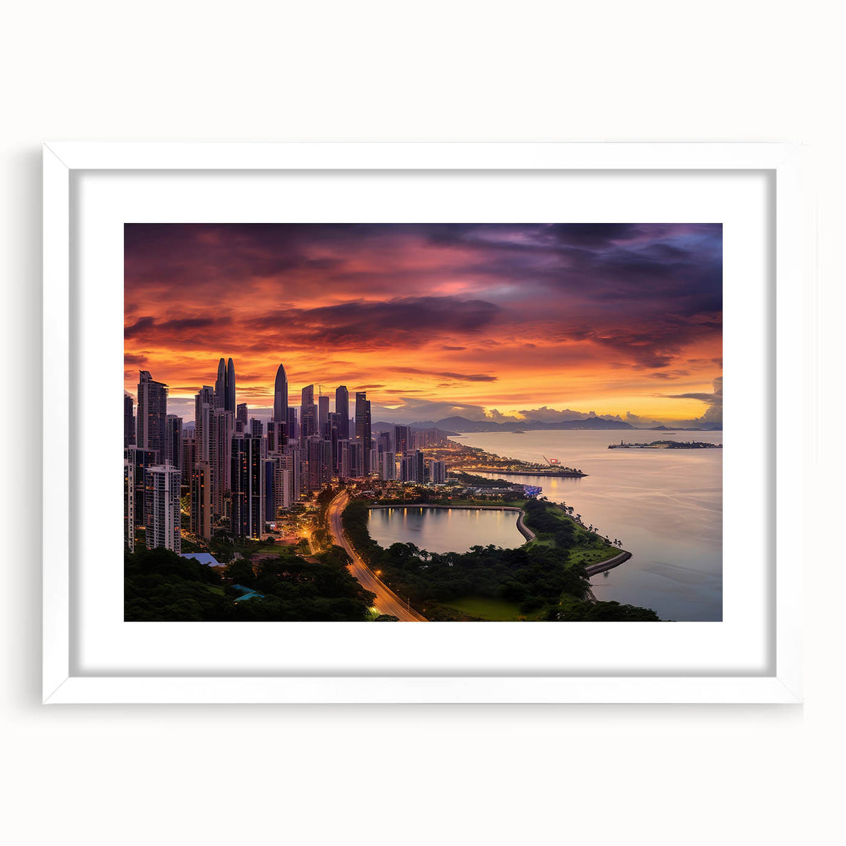 Abstract art print of a Central American scenery in muted green and blue tones, framed with a white mat.