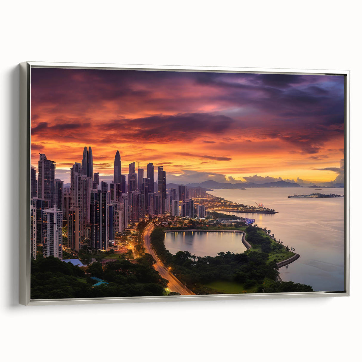 Vintage poster art of a Central American scenery on a framed canvas, featuring vibrant colors against a black background.