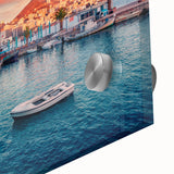 Large abstract wall art featuring a mid-century modernist Albania scenery in vibrant colors on acrylic glass.