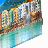 Large abstract wall art of a European scenery in Austria, rendered in mid-century modernist style on acrylic glass.