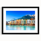 Extra large abstract art print of colorful Austrian scenery on textured canvas, framed in black.