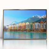 Art deco poster of a European scenery in Austria with muted gold tones on framed acrylic, suitable for nursery wall art.