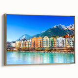 Framed canvas depicting a muted landscape of an Austrian village, ideal for bedroom wall art in vintage style.