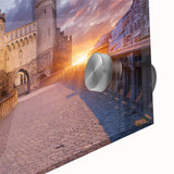 Large abstract wall art depicting a European scenery in muted earth tones on acrylic glass, ideal for dining room ambiance.